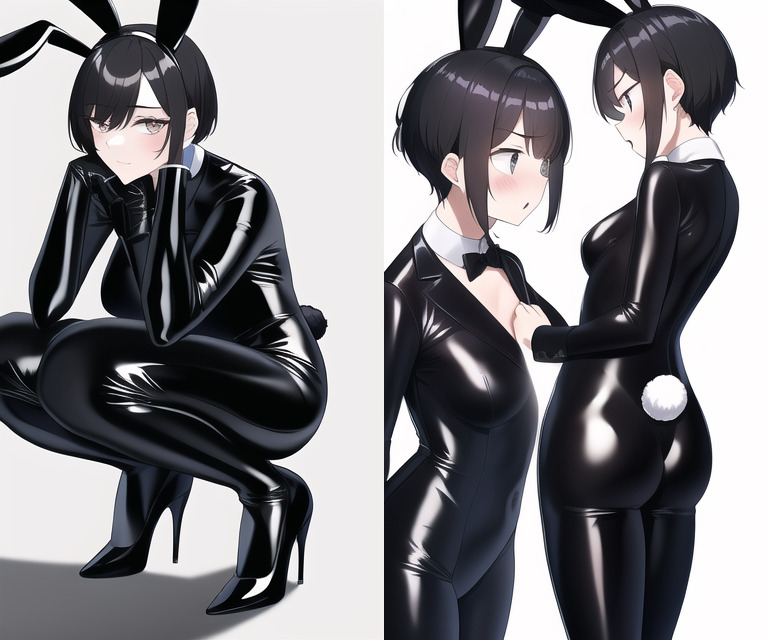 Two AI-generated images of a 'young woman with short black hair wearing a bunny suit'. The first image has her squatting, but the AI has misinterpreted the input and created a shiny body-suit rather than a bunny-suit. The second image shows a composite side and back view of the bodysuit, which has lapels on the front.