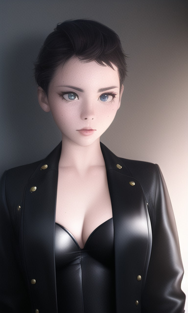 An AI-generated image of a woman with a young face, very short black hair wearing a black leather jacket and bodice or bunny-suit underneath.