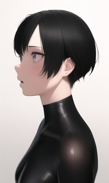 An AI-generated image of a young woman's head and shoulders from the side. Her mouth hangs slightly open and she is looking at something out of view. Her hair is short and black with large sidelocks. She is wearing some kind of black turtleneck bodysuit.