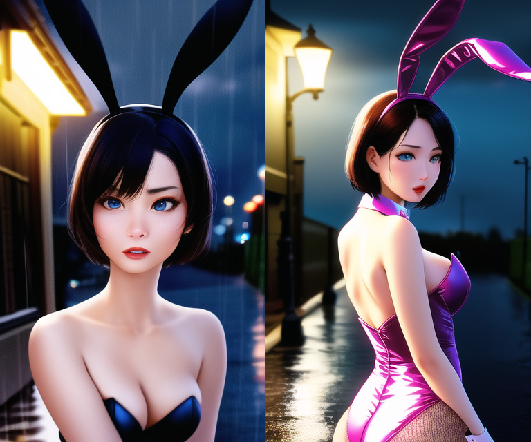 Two AI-generated images demonstrating the changing of one aspect of an image influencing others. On the left is a front view of a bunny girl with black hair and black bunny suit and ears. On the right the woman is facing away, and looking back over her right shoulder. Even though the background of a wet lamp-lit street is similar in both, the bunny suit and ears of the woman in the right image are pink!