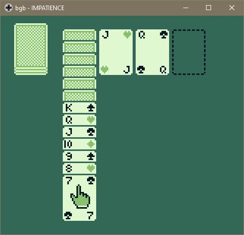 Screenshot of 'Impatience', a GameBoy Solitaire game.